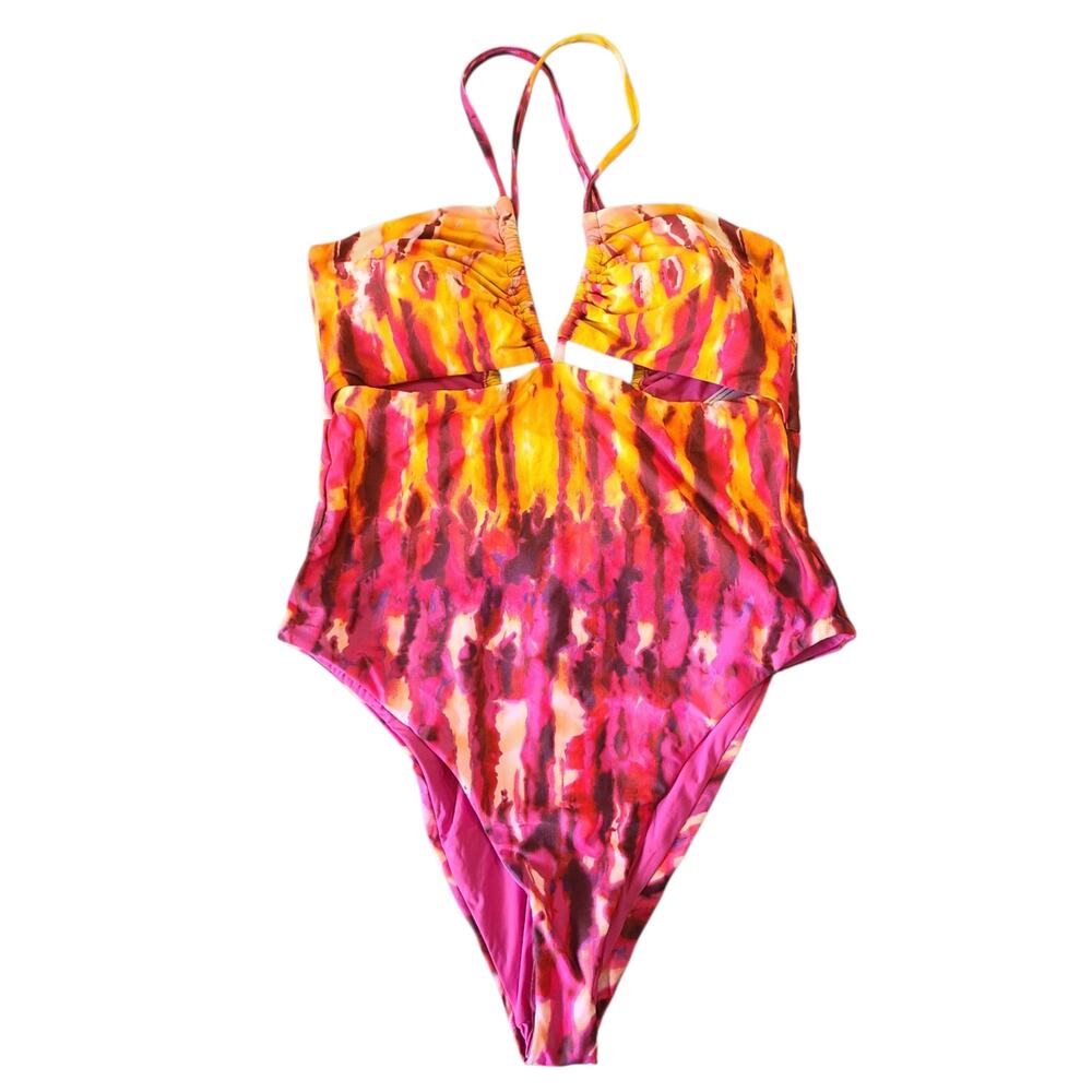 Anthropologie Maeve Ruched One Piece Swimsuit Multi Tie Dye Cutout Large L NWOT - Picture 3 of 11